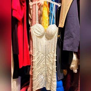 5bulouz White Pearl Dress with Rhinestones